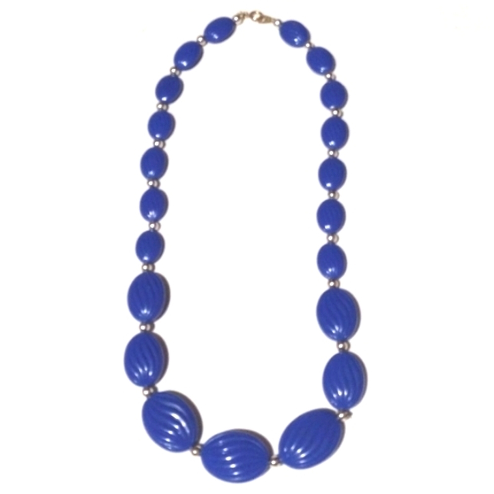 VINTAGE 60s SILVER-TONE BLUE LINED OVAL FLAT STONED SHELLED 24" NECKLACE